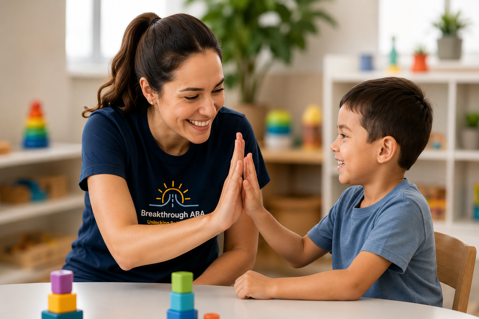 A Breakthrough ABA therapist and child sharing a high five